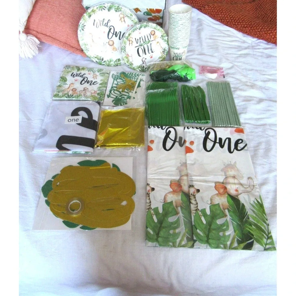 Wild one Jungle Safari First Birthday Decorations for 24 Guests Over 220 Pieces